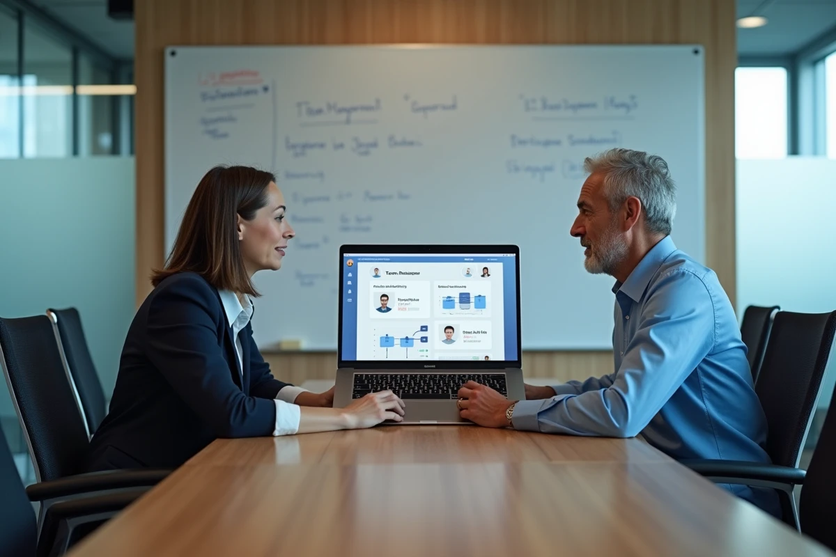 Deux managers BNP Paribas collaborant sur l'interface Alis pour gérer les équipes et valider les processus RH en salle de réunion