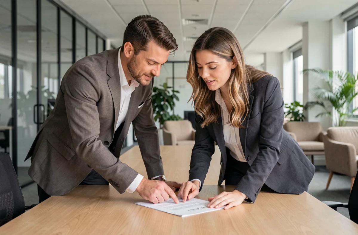 Deux collègues discutant ensemble de la formule de politesse dans une lettre de motivation professionnelle
