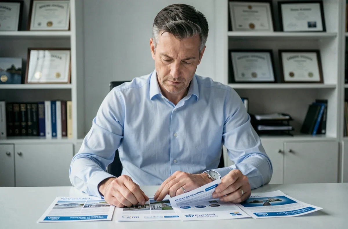 Professionnel comparant des offres de sociétés de portage salarial dans un bureau privé à Cannes