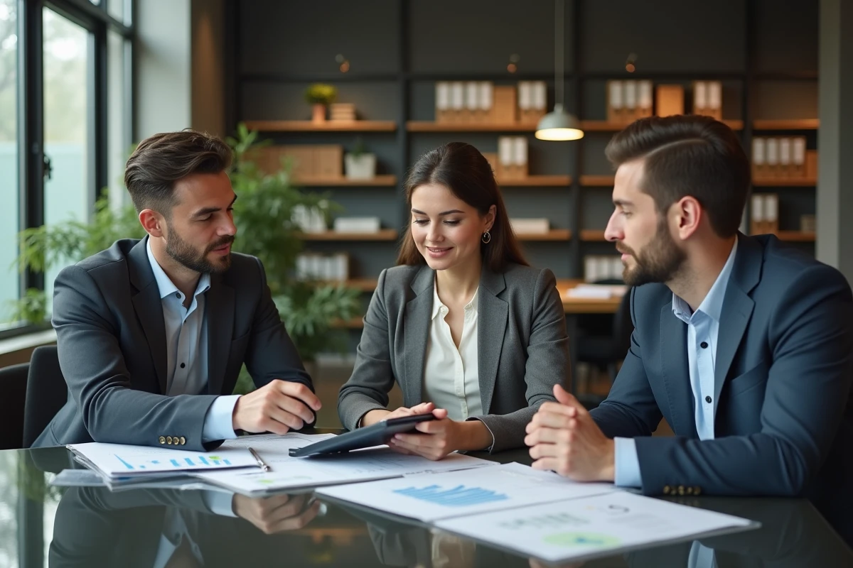 Femme comptable expliquant des calculs financiers à un couple d