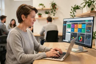 Femme utilisant un logiciel de gestion connecté à d'autres outils sur son ordinateur portable dans un bureau moderne