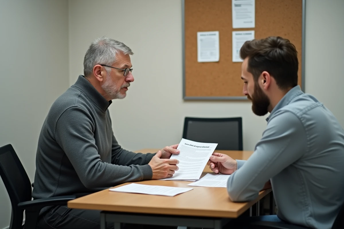 Conseiller France Travail expliquant les droits à l'ARE à un demandeur d'emploi licencié pour faute grave