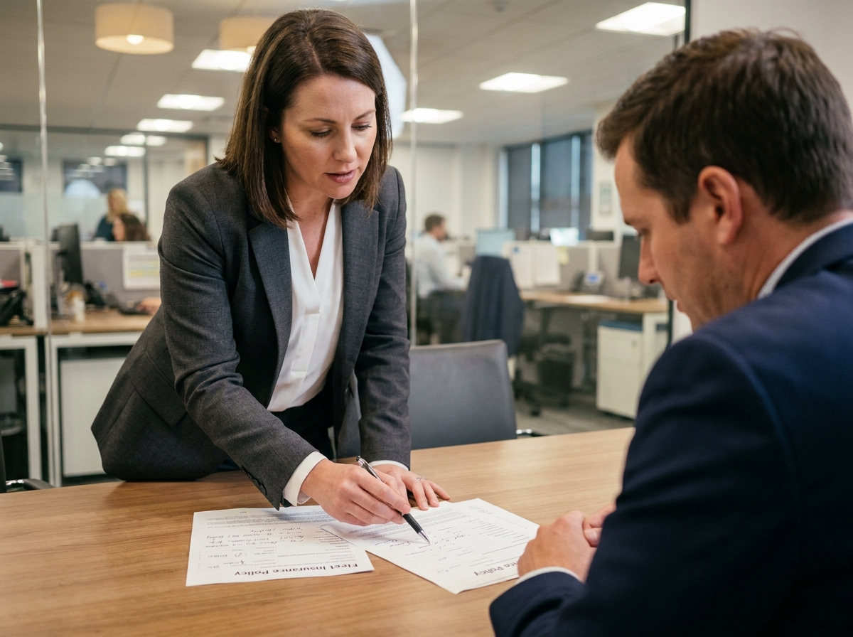 Conseillère en assurance flotte automobile présentant un contrat d'assurance pour véhicules de société à un dirigeant d'entreprise en salle de réunion