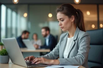 Conseillère en vente utilisant une interface de live chat sur son ordinateur portable dans un bureau moderne