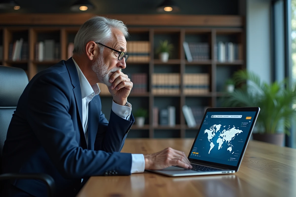 Consultant senior en costume regardant un plan digital