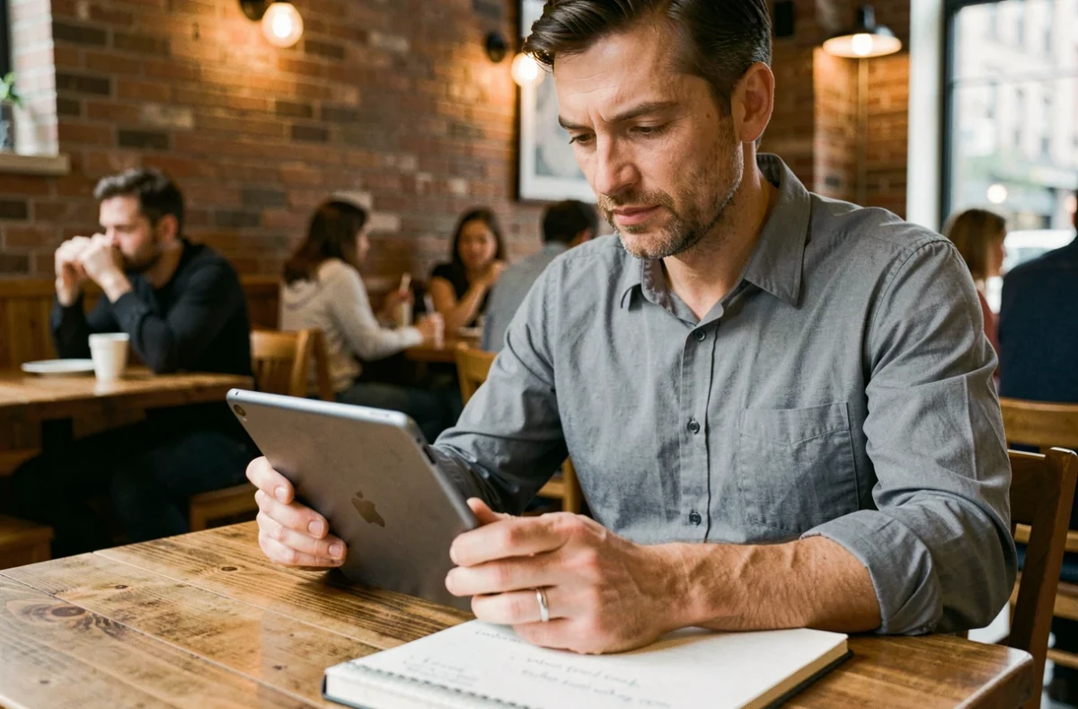 Entrepreneur consultant vérifiant les informations d'une société sur tablette dans un café pour évaluer sa fiabilité