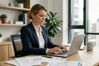Consultante en portage salarial calculant son TJM minimum sur un ordinateur portable dans un bureau moderne