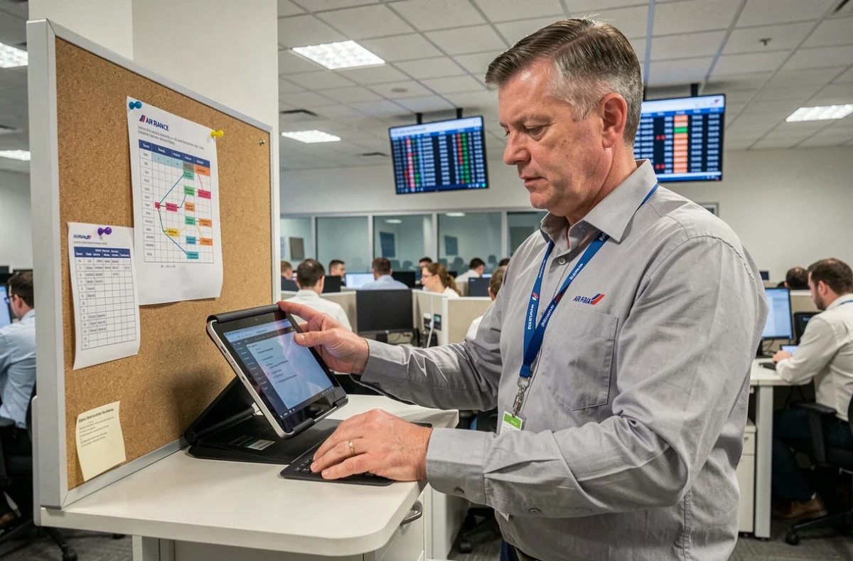 Coordinateur opérationnel Air France utilisant une tablette et des outils de gestion dans un bureau opérationnel animé