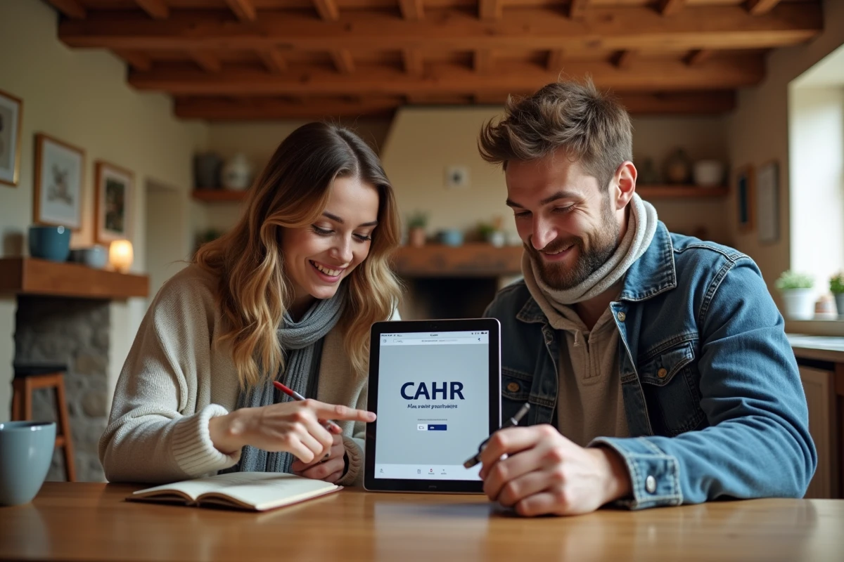 Couple consultant le site officiel Alsace CAHR sur une tablette dans un intérieur alsacien traditionnel pour simplifier leurs démarches