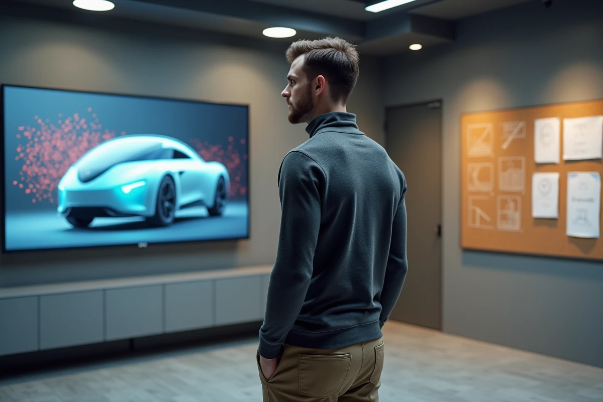 Jeune homme designer regardant un rendu 3D sur un écran numérique