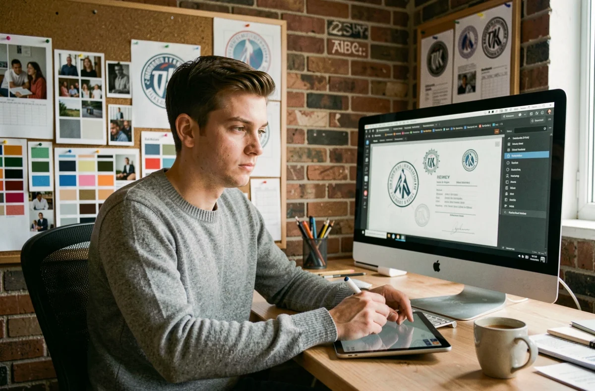 Designer graphique travaillant sur le dépôt de marque et la protection de sa création