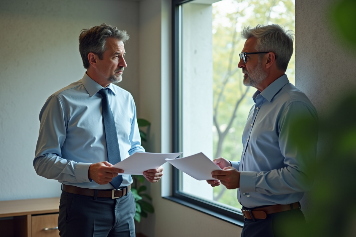 Deux hommes discutant avec des contrats dans une salle de réunion