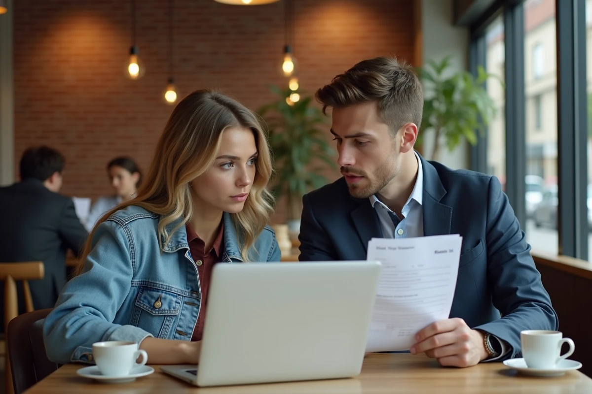 Deux jeunes stagiaires comparant leurs fiches de paie et documents de rémunération dans un café, illustrant les écarts de salaire entre stages 2025 et 2026