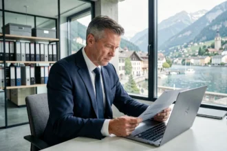 Dirigeant d'entreprise analysant des données publiques et documents officiels dans un bureau moderne à Annecy