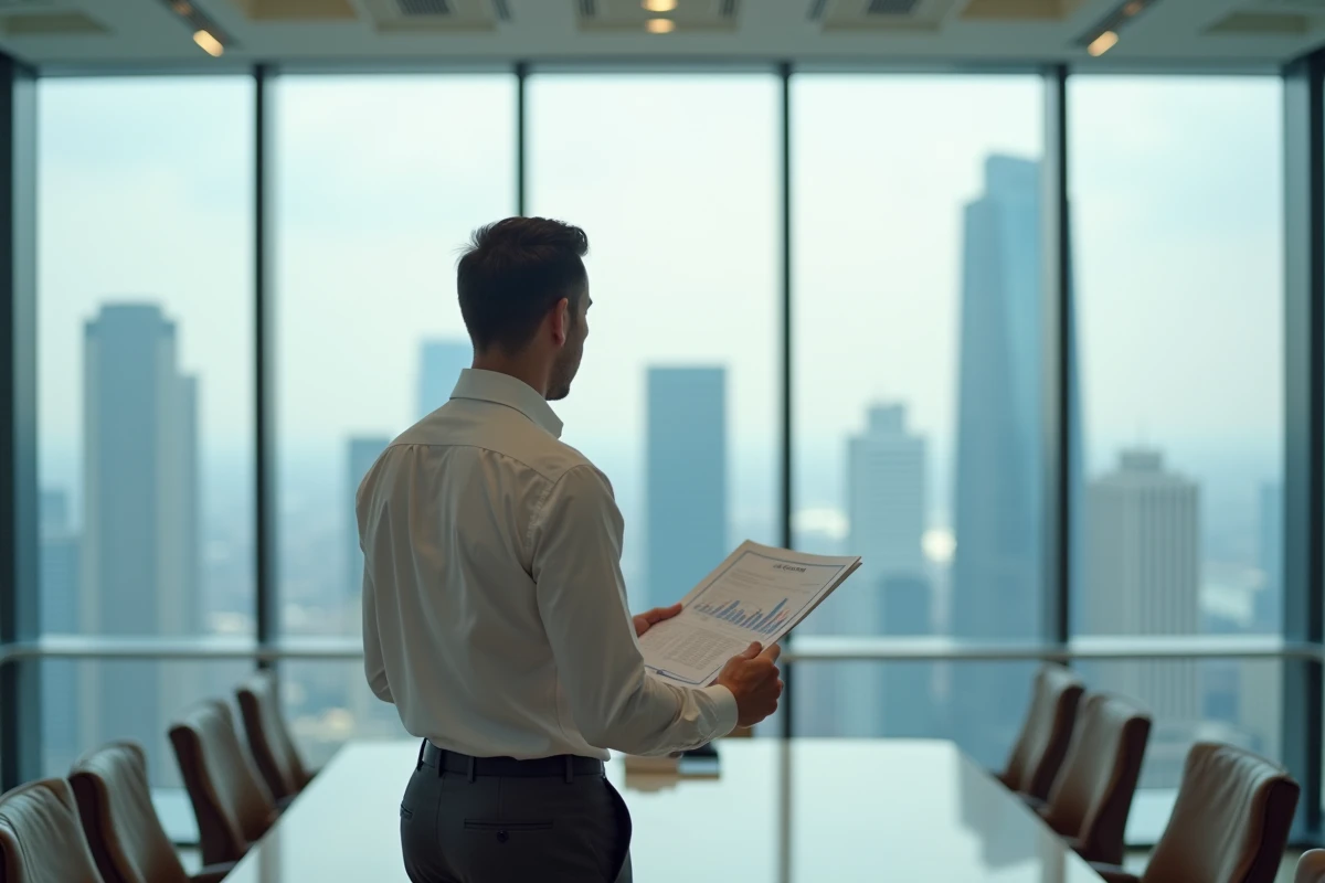 Dirigeant d'entreprise consultant le rapport annuel et les perspectives financières 2026 dans une salle de réunion panoramique