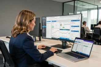 Employée Air France naviguant entre plusieurs portails professionnels sur un écran ultrawide dans un bureau moderne