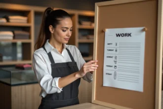 Employée de commerce consultant un planning de 39 heures affiché dans une boutique de vente au détail