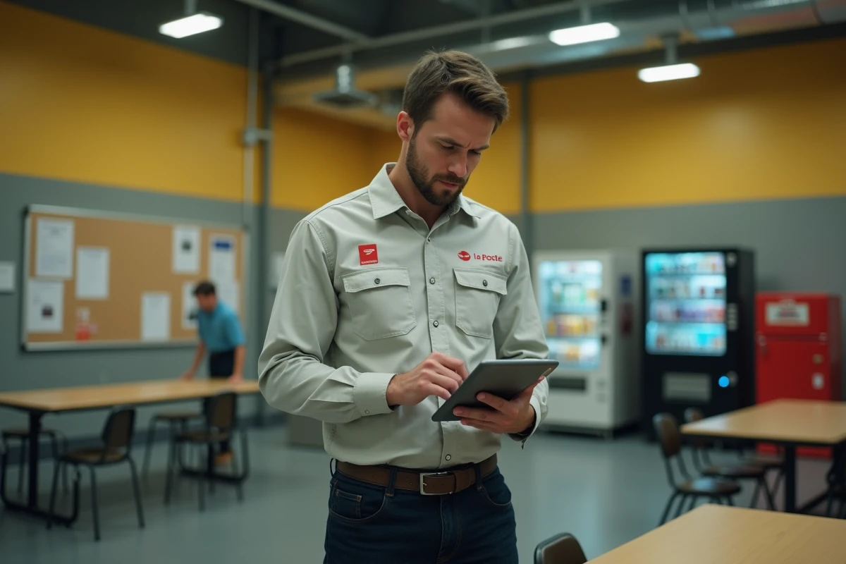 Employé La Poste consultant l'application de gestion du temps Gta sur une tablette dans la salle de pause