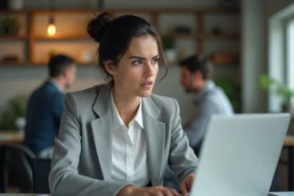 Employée RH face à un message d'erreur sur son ordinateur portable dans un bureau moderne