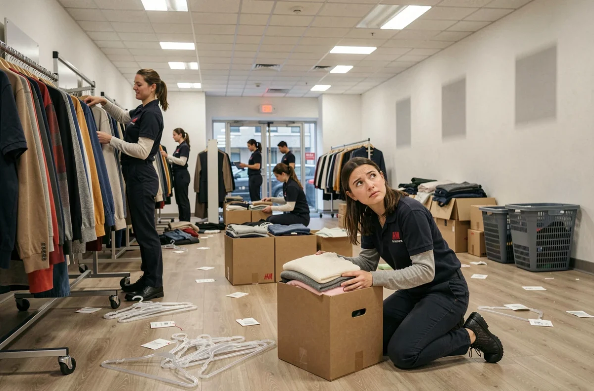 Employées H&M démontant les rayons et emballant les vêtements lors de la fermeture d'un magasin