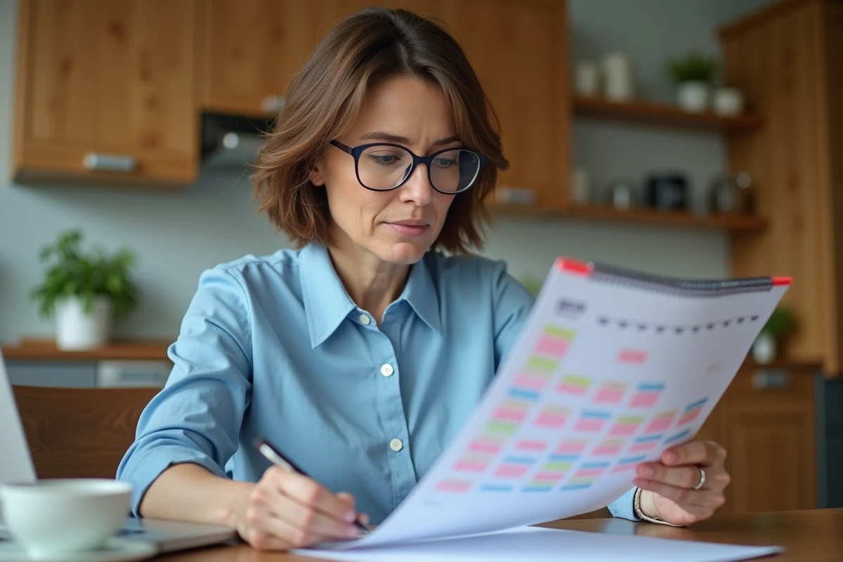 Professeure organisée consulte un calendrier dans sa cuisine