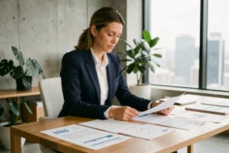 Femme entrepreneur analysant des documents commerciaux pour définir ses activités principales dans un bureau moderne