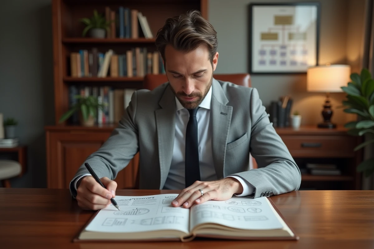 Entrepreneur concentré rédigeant une analyse stratégique de caractérisation d'entreprise dans un bureau privé