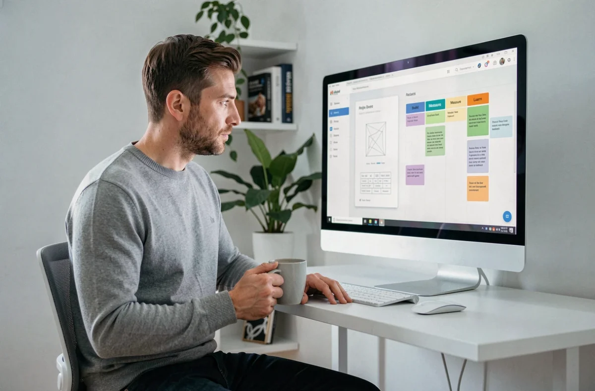 Entrepreneur analysant un wireframe de produit et un tableau kanban pour valider son MVP depuis son bureau à domicile