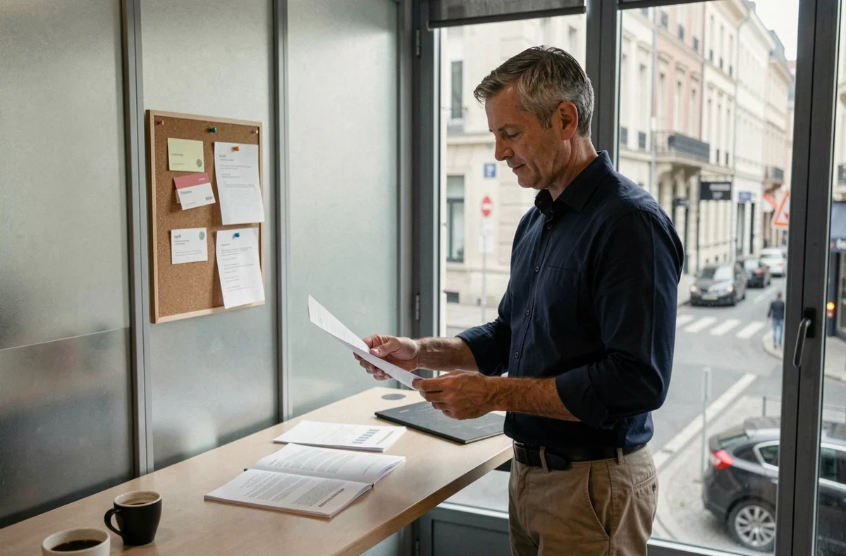 Entrepreneur travaillant debout dans une cabine de coworking privée avec vue sur la ville de Tours