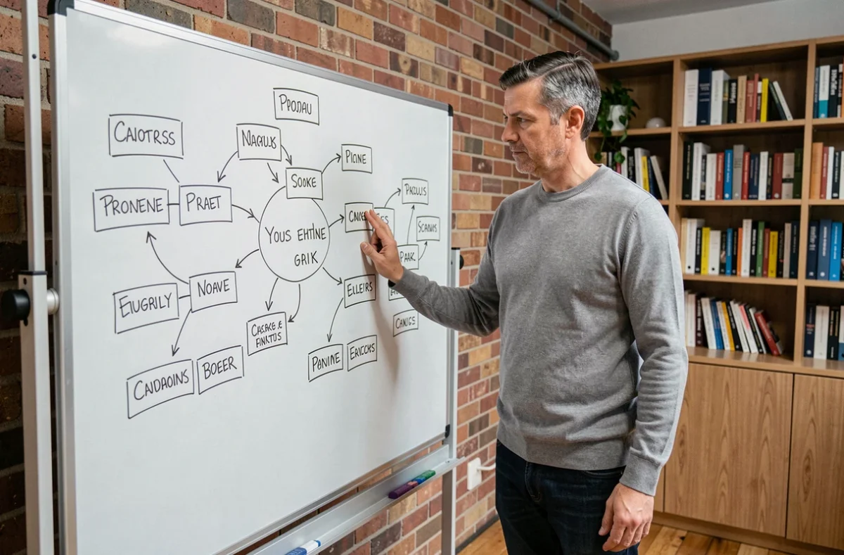Entrepreneur masculin élaborant une carte mentale sur tableau blanc pour structurer le développement de son activité commerciale