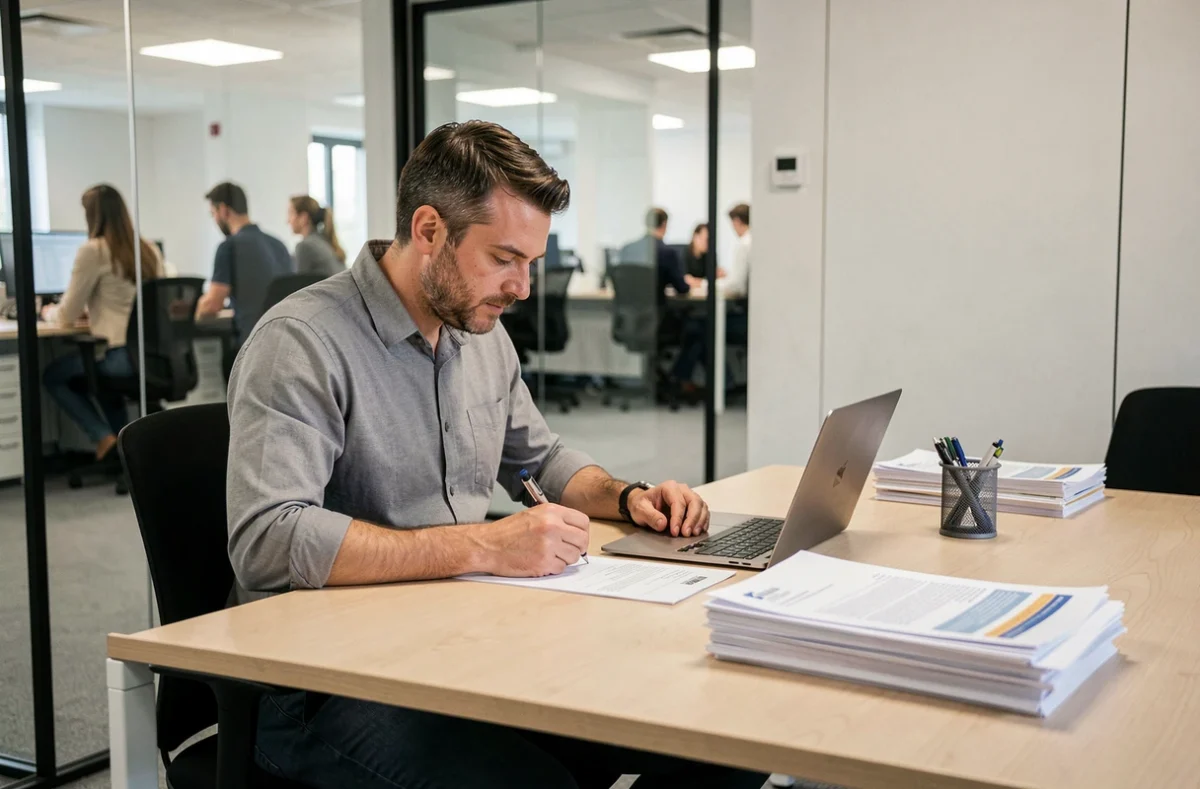 Entrepreneur signant des documents de domiciliation dans un bureau privé d'un centre d'affaires à Saint-Denis