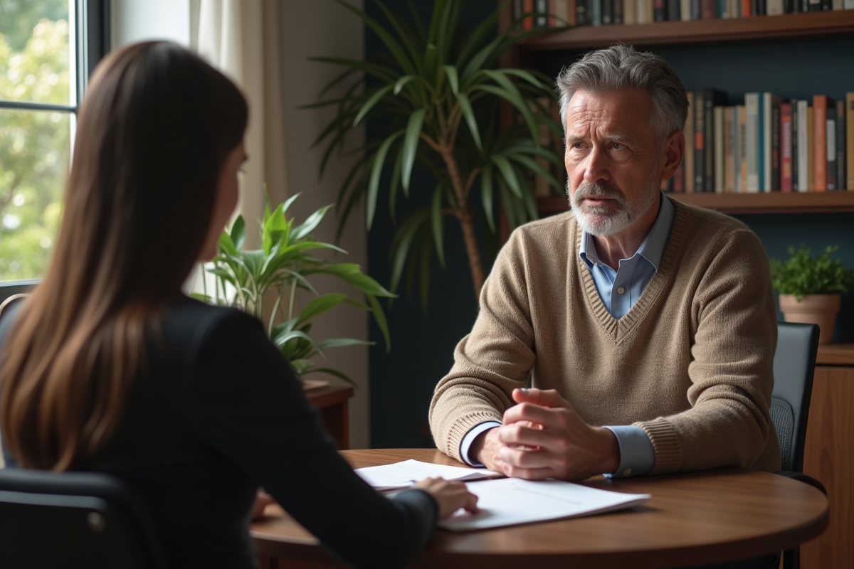 Homme discutant avec un conseiller dans un bureau accueillant