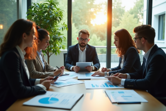 Equipe diversifiee analysant des donnees ESG en bureau lumineux