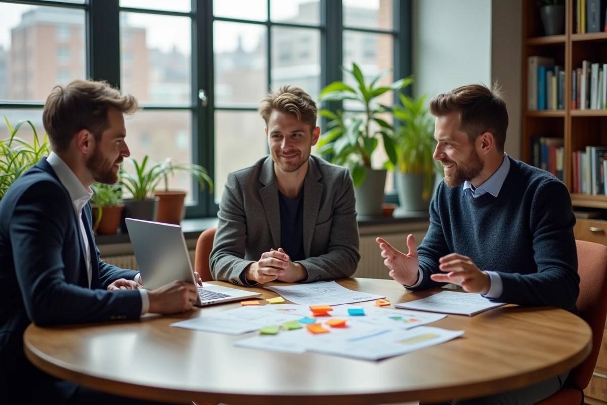 Équipe de professionnels analysant des fiches SWOT et des notes autocollantes lors d'un atelier de stratégie d'entreprise en salle de réunion