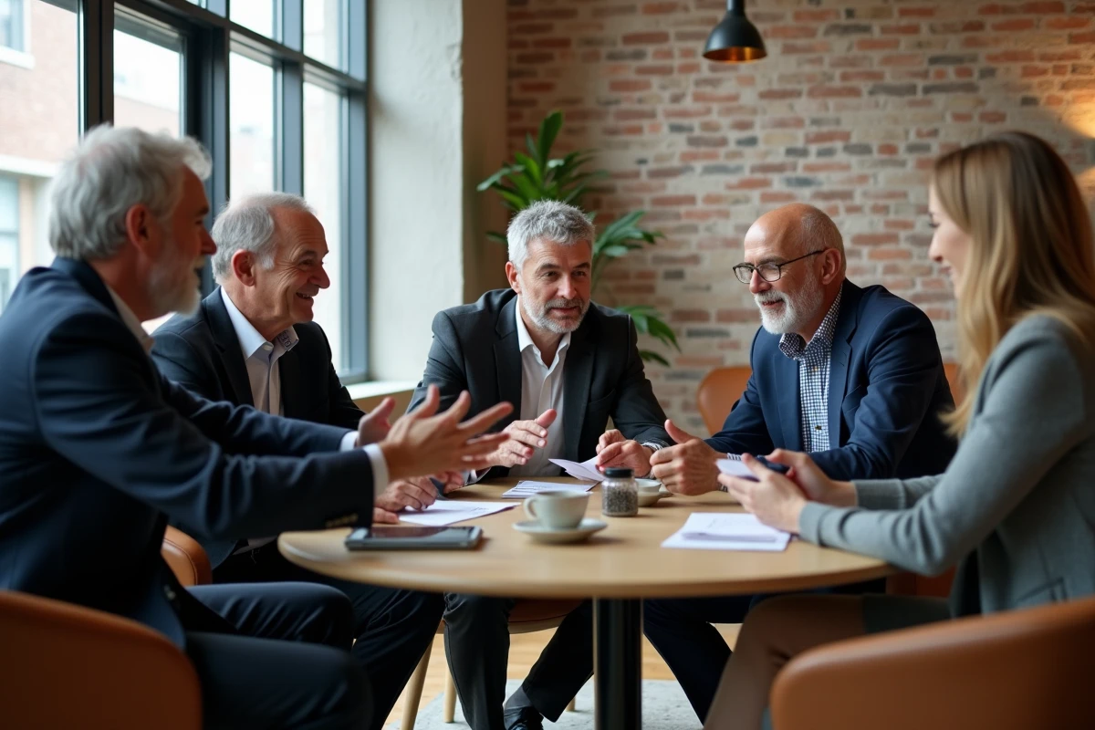 Groupe de consultants en réunion dans un espace coworking