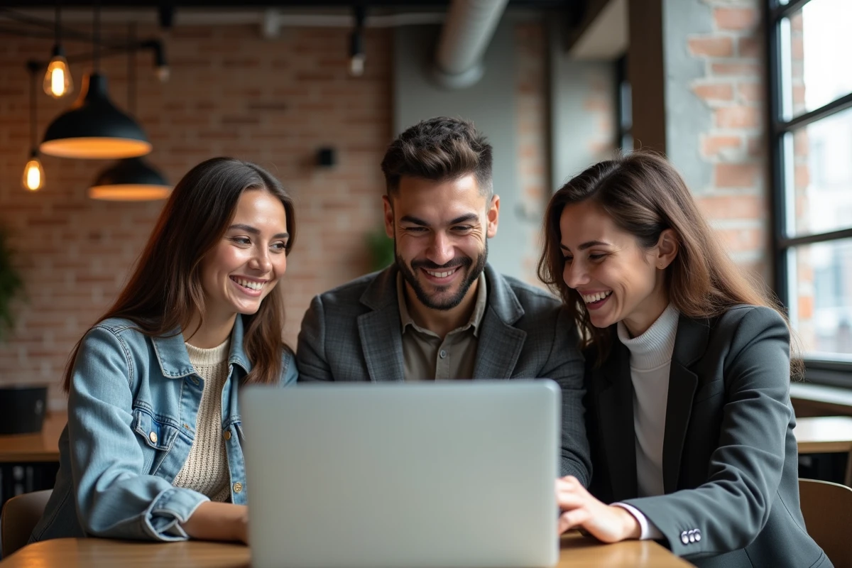 Groupe de jeunes auditeurs en tenue business casual collaborant sur un ordinateur portable dans un espace de travail moderne, représentant la diversité des profils recrutés par les Big 4