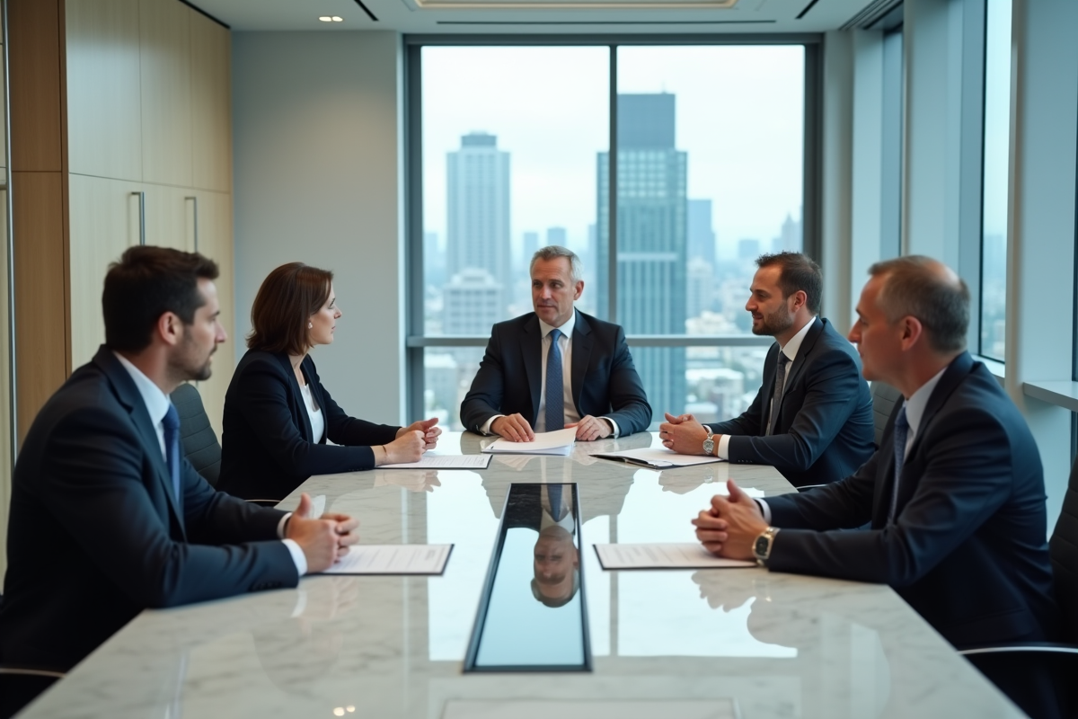 Groupe de professionnels du droit discutant autour d