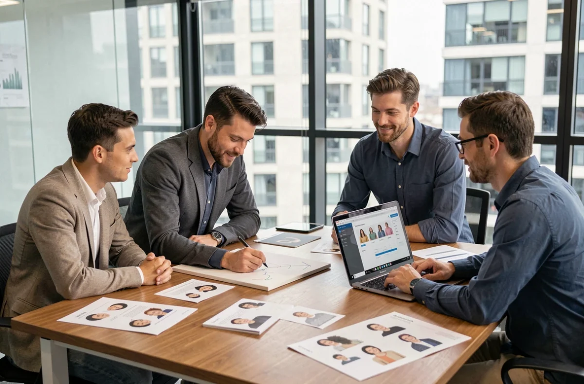 Équipe produit analysant des personas et prototypes papier lors d'une réunion de validation de lancement produit MVP