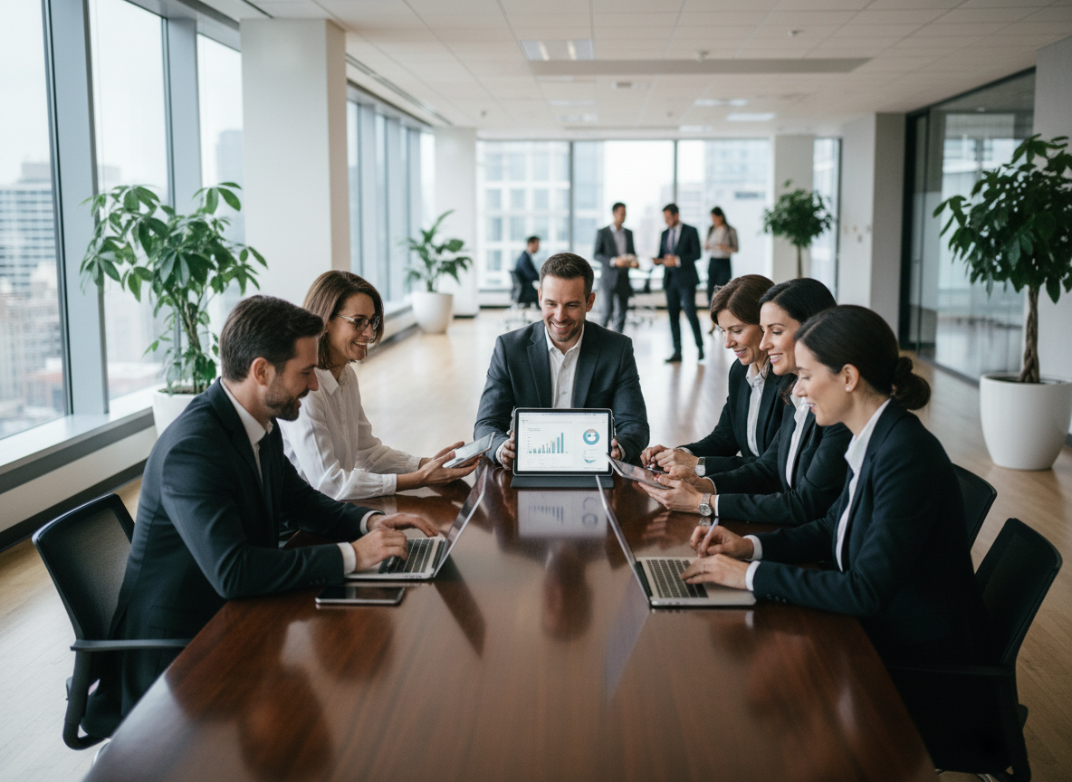 Groupe de professionnels en réunion dans un bureau moderne