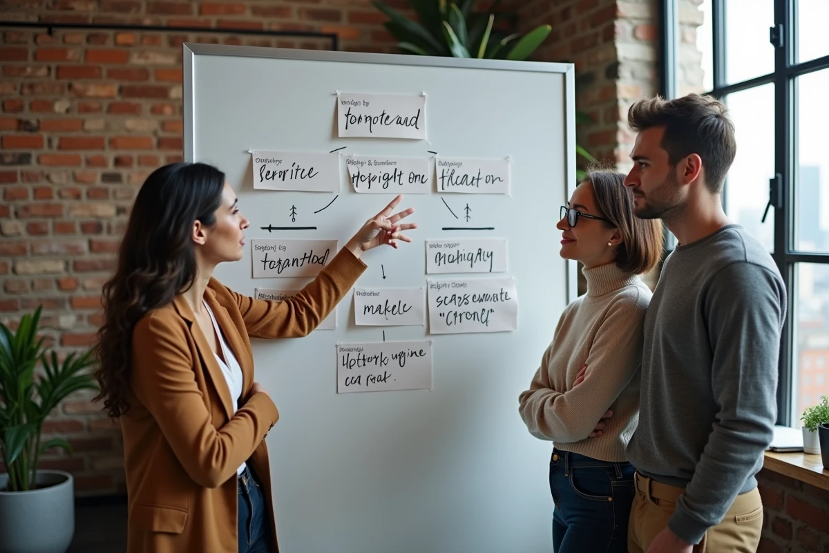 Équipe professionnelle collaborative devant un tableau blanc avec des proverbes inspirants sur le travail et le rebond