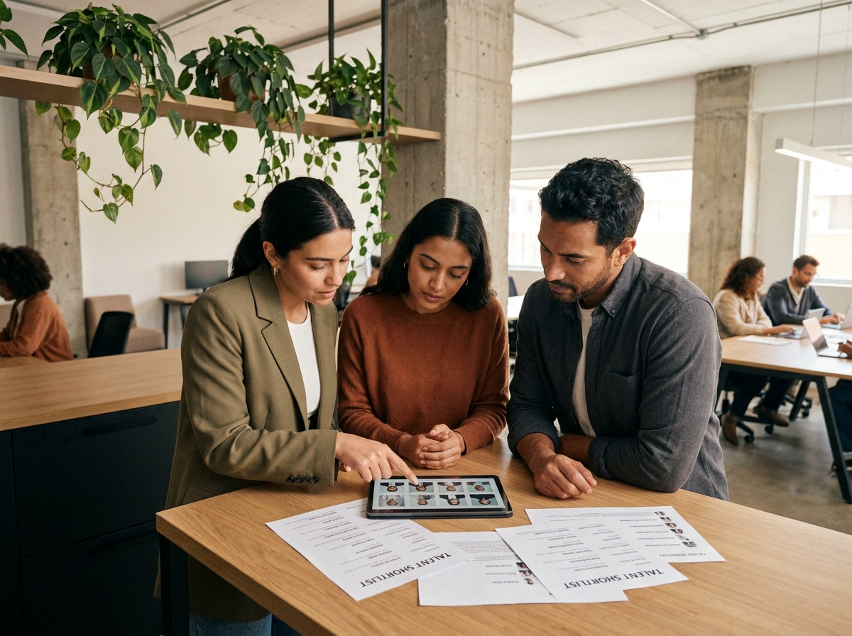 Équipe de recruteurs collaborant autour d'une table dans un espace de coworking moderne pour sélectionner des talents