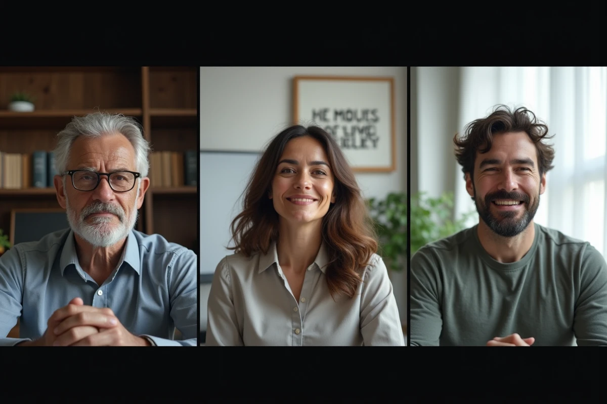 Trois managers en visioconférence depuis leurs bureaux à domicile, illustrant les défis du management à distance et la loi de Peters