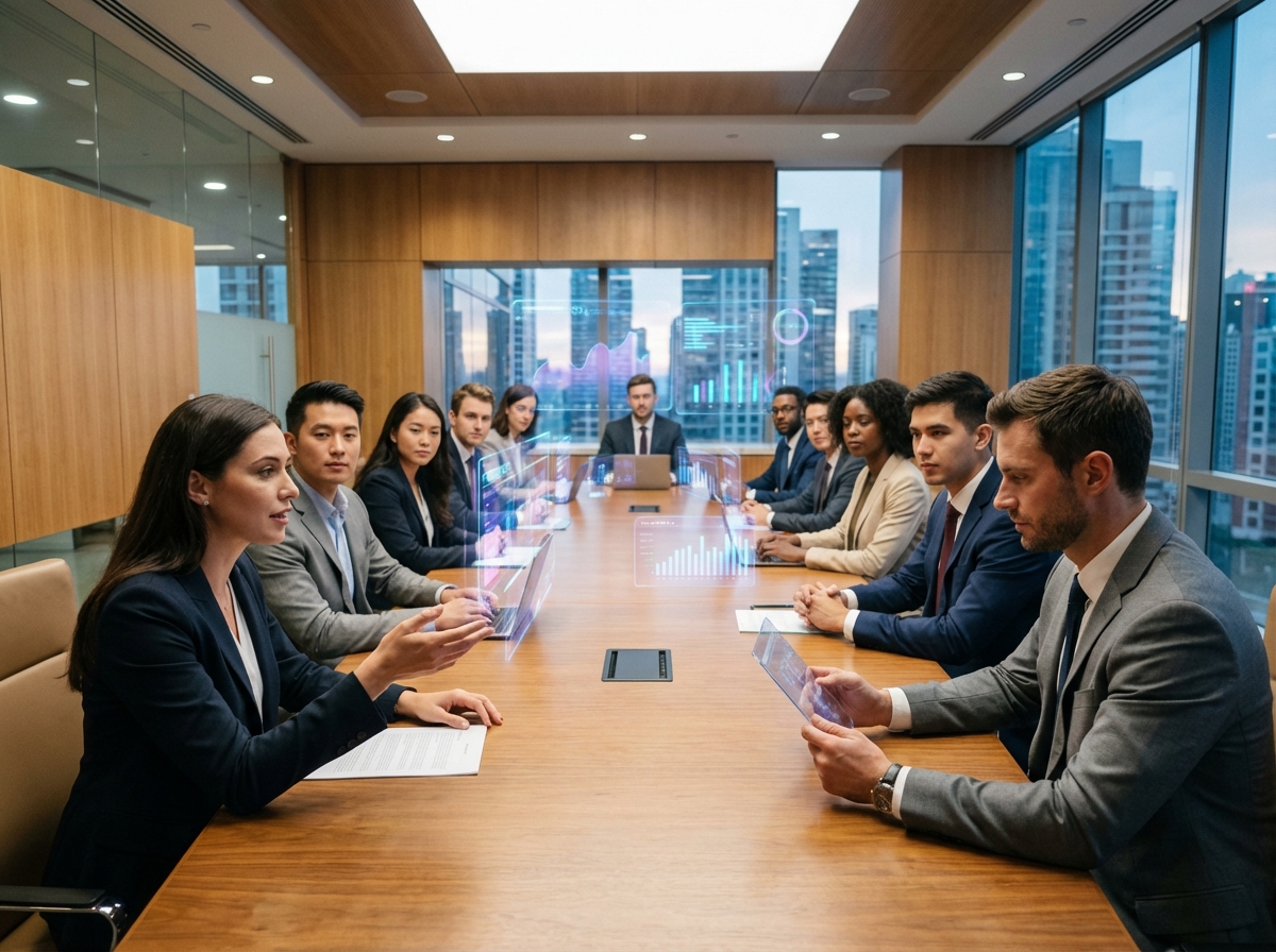 Groupe de professionnels du droit discutant avec hologrammes