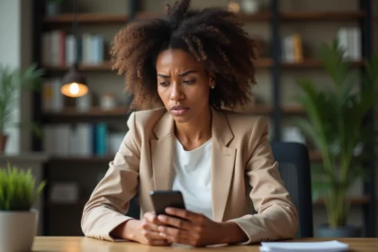 Femme cheffe d'entreprise frustrée regardant son smartphone avec inquiétude, illustrant les erreurs sur un compte professionnel WhatsApp