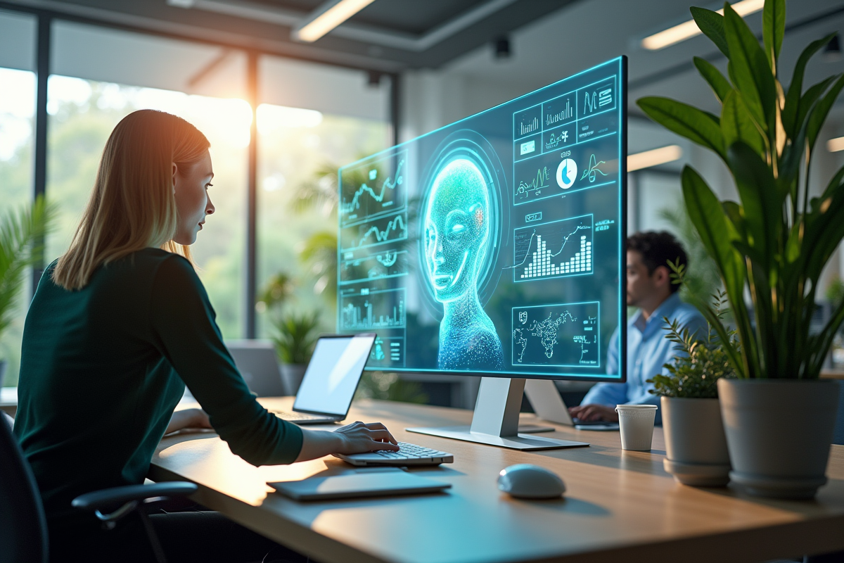 Espace de travail moderne avec assistant holographique et plantes