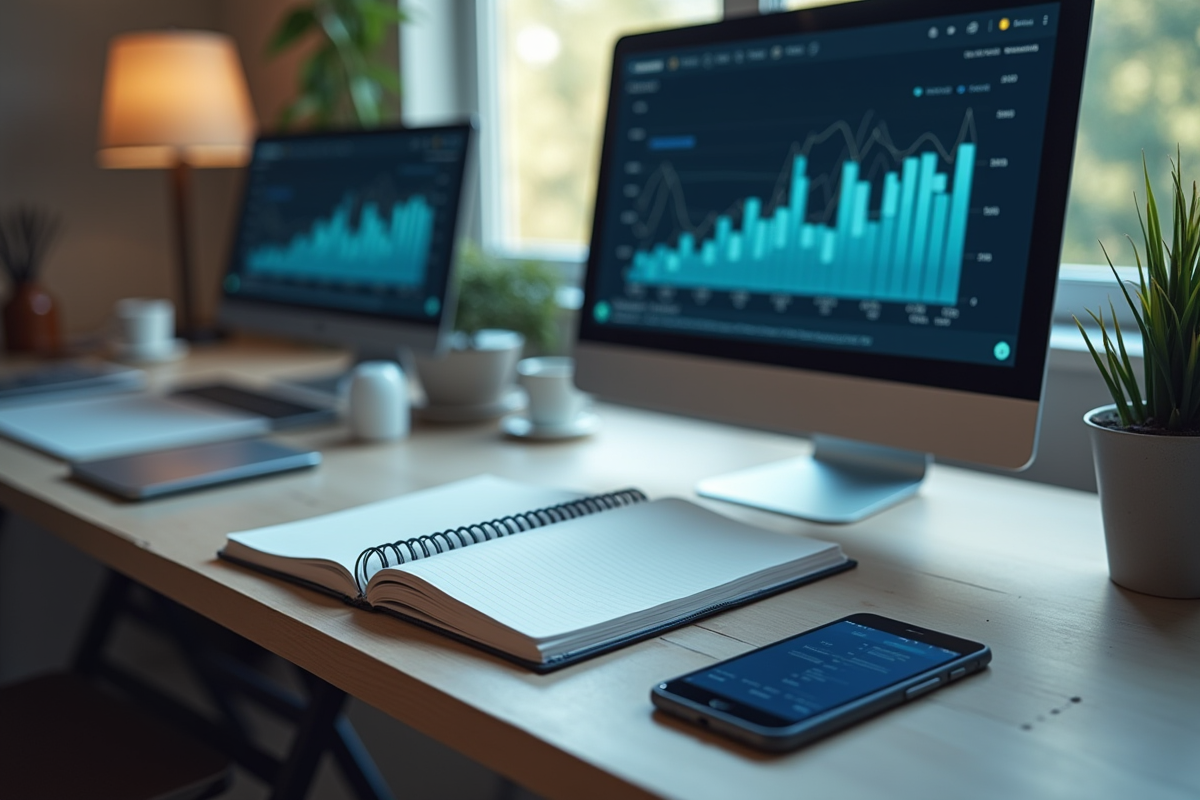 Bureau avec ordinateur et carnet d