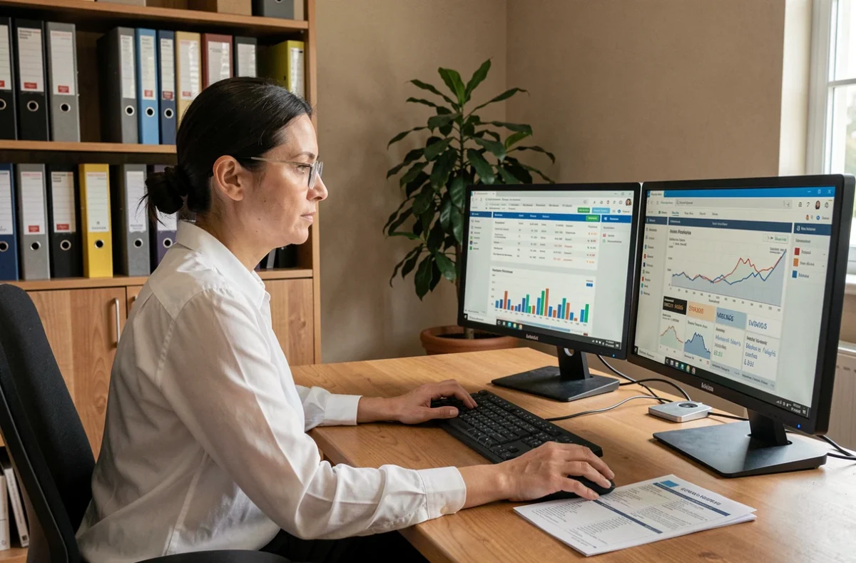 Femme professionnelle consultant des données financières en ligne pour évaluer la fiabilité d'une entreprise avant un contrat important