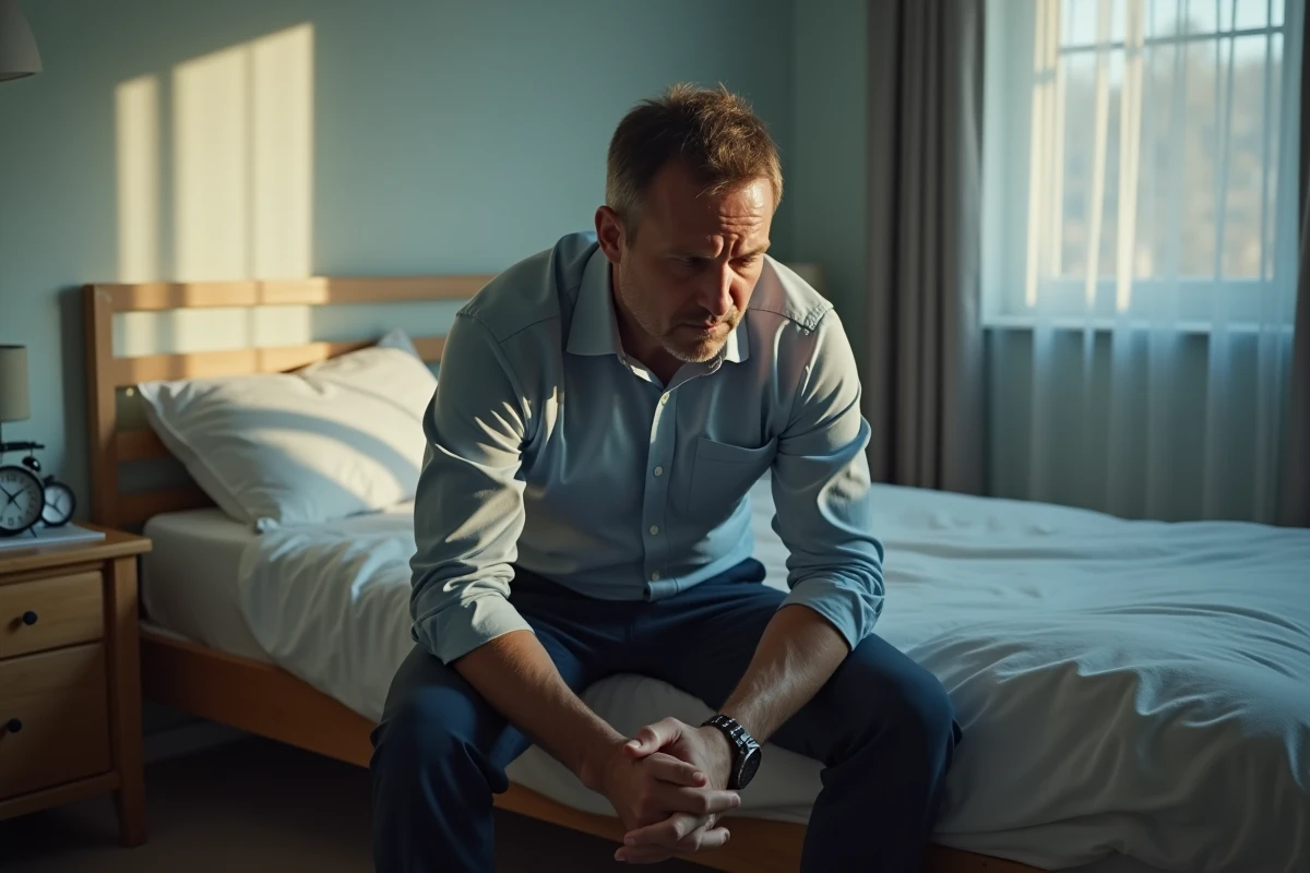 Homme habillé pour le travail assis sur son lit, stressé et hésitant à appeler son employeur