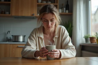 Femme fatiguée en pyjama tenant un café le matin, hésitant à aller travailler