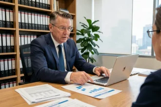 Expert-comptable expliquant le montant maximum d'une commission d'apporteur d'affaires à un client dans son bureau professionnel